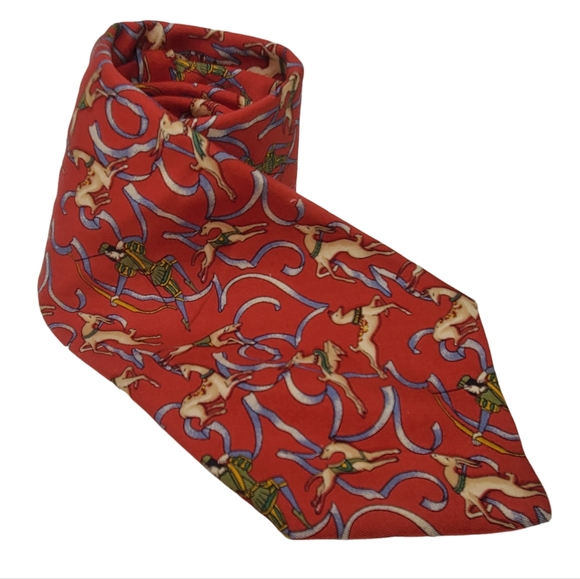 SALVATORE FERRAGAMO Silk Tie Red Renaissance Archer Dog Deer Hunter 57" x 3.5" - Picture 1 of 8